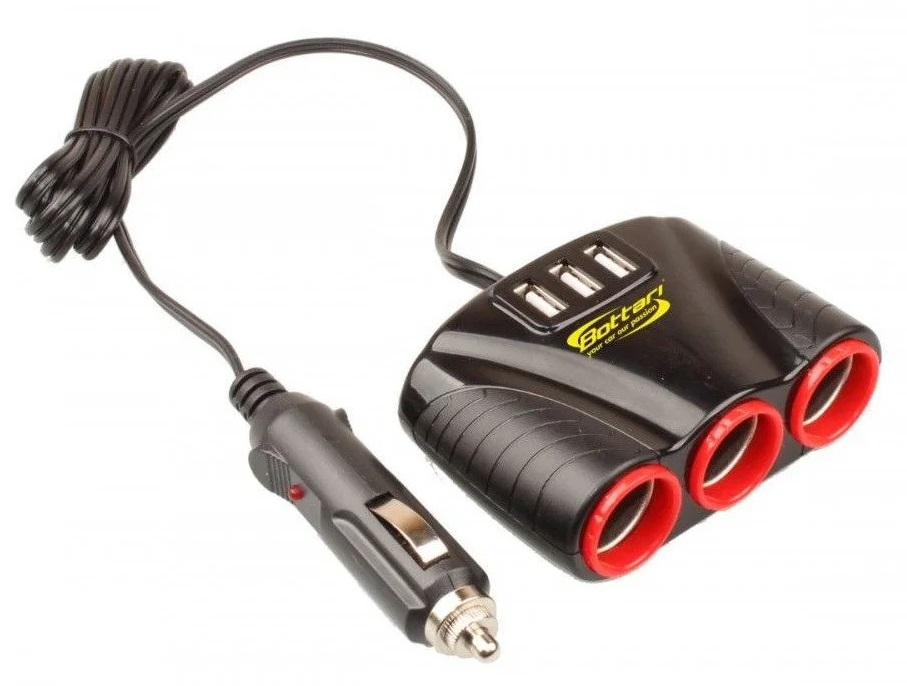 Priza auto tripla cu prelungitor BOTTARI 30328BT, 3 x USB, negru